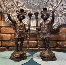 2× Antique Bronze Blackamoor Candle Holders Venetian Figural Candlesticks 16