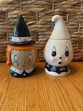 2 Whimsical Johanna Parker Witch And Ghost Halloween Ceramic 7” Jars picture