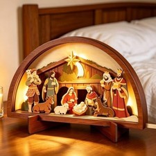 Wooden Nativity Scene Christmas Decoration LED Lighted Christmas Nativity Set picture