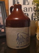 ANTIQUE SMALL STONEWARE WHISKEY MINI JUG HIS MASTER'S BREATH DOG  picture