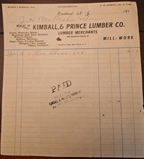 Kimball & Prince Lumber  Co. Vineland NJ 1913 Billhead Lumber Merchants picture