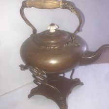 Antique Copper Tilting Spirit Kettle on Ornate Warming Stand w Serpent Supports picture
