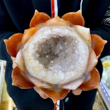 1.96LB Natural Agate Geode Carved Lotus Flower, Hand Carved Healing Crystal Home picture