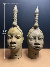 Pair of Ife Benin Bronze Crowned Oni Heads Yoruba Nigeria African Art Ori Olokun picture
