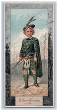1879 Victorian Era Christmas Card Scottish Boy Highland Hunting Kilt Attire picture