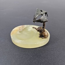 Antique 20s Vienna Bronze Elephant Art Deco Green Onyx Trinket Dish Austria picture