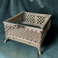 Vintage Gold Ormolu Brass Filigree Jewelry Casket Box Beveled Glass Cream Velvet picture
