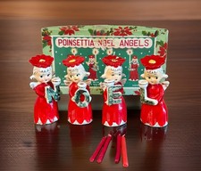 Vintage Commodore NOEL Poinsettia Angels Candle Holders Japan 3053 Boxed Set picture