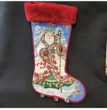 Vintage Large Hand Worked Needlepoint Santa Christmas Stocking W Jingle Bells picture