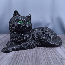 Vtg Cast Iron Lounging Black Cat With Green Eyes Hollow Cast Animal Sculpture picture