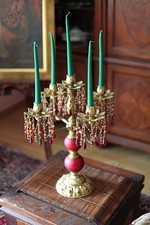 Vintage brass Baroque Rococo 5 arm candelabra rubby red prisims & carbacon gems picture