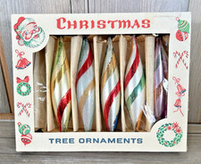 5 Vtg Glass Candy Stripe Torpedo Teardrop Christmas Ornaments 60’s Poland w/Box picture