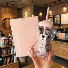 Starbucks Dessert Party Pink Bear Glass Cup w/Straw Tumbler Cold Water Cup 660ml picture