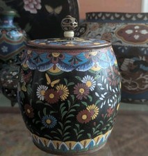 Antique Japanese Cloisonne Lidded Jar Floral Butterfly Black Ground Meiji Era 5