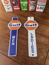 NICE PAIR OF MEN WOMEN PORCELAIN GULF MOTOR OIL RESTROOM SIGN KEY FOB HOLDER picture
