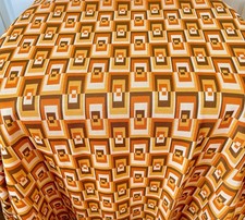 Vintage 60s 70s MCM Orange Polyester Fabric Geometric Brutalist Print 45”x60” picture