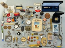 Antique Men’s Estate Junk Drawer Lot Advertising Pocket Watch Medals Coins OLD picture