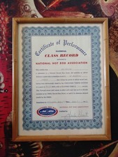 1963 Cert. of Performance NHRA Dan Kilcup Speed Record Arlington Drag Strip picture