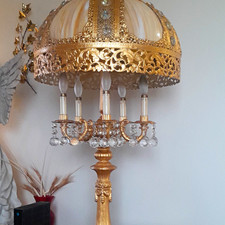 Gold Finish Table Lamp w/ Dome Shade, Crystal Decoration, Metal & Glass picture