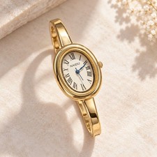 Classic Gold Watch Oval Face Roman Numerals Ladies Wristwatch picture