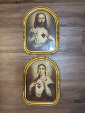 Vintage Sacred Heart of Jesus and Immaculate Heart Of Mary Mini Framed Print Set picture