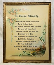 Vintage 1930s 40s A House Blessing Framed Motto Print Floral Cottage 14
