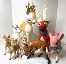 8pc - Vintage MCM Christmas Decor - Assorted Reindeer Rubber/Plastic - Japan picture