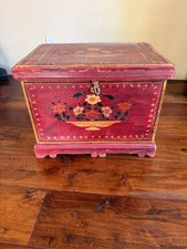 antique indian wooden storage box vintage hade made,hand drowing with flowers picture