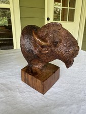 Vintage Desert Buffalo Bust Carving Hand Carved Ironwood Wooden Bison Sculpture picture