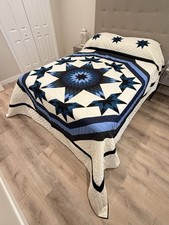 New Amish Quilt Framed Star Blue & Black 101x112 – Handmade in Lancaster PA picture