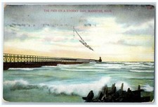 1912 The Pier On Stormy Day Huge Waves Lighthouse Manistee Michigan MI Postcard picture