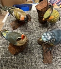 4 Vintage Hand Carved Painted Wooden Bird Figurines On Log Bases -Folk Art Style picture