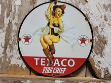 VINTAGE TEXACO PORCELAIN SIGN OLD FIRE CHIEF WOMAN GIRL FIREMAN TEXAS GAS USA picture