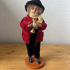 Charming Caroler boy in red coat Holding A Bell 9”  A+ Condition picture