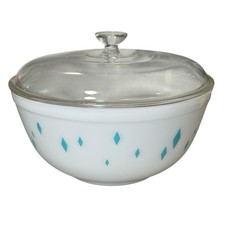Vintage 1950s Pyrex Turquoise Diamonds Dainty Maid Bowl 403 2.5qt Glass Lid picture