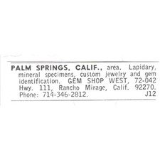 Gem Shop West Lapidary Supply Palm Springs California 1972 Ad AF8-S26 picture