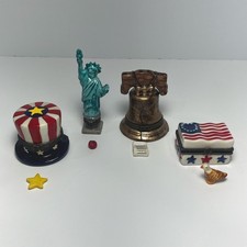 Vintage Patriotic Porcelain Hinged Trinket Box Lot 4pc. Hat, Liberty, Bell, Flag picture