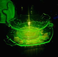 Antique Etched Ribbon Flower Uranium Glass Mayonnaise  Bowl & Plate Set- RARE picture