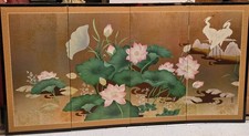 Vintage Japanese Lacquered Screen Byobu Room Divider Lotus Flowers & White Crane picture