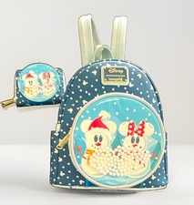 Loungefly Disney Mickey & Minnie Snowman Mini Backpack w Zip Around WALLET Blue picture