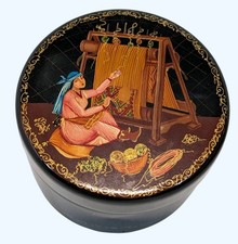 Hand Painted Russian Lacquer Box Weaver Loom Folk Art Round Trinket Jewelry Box picture