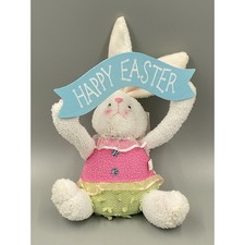 Darice White Bunny Rabbit Decorative Plush Holding Happy Easter Sign 10