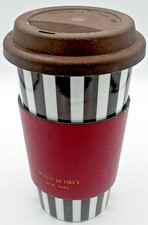 Henri Bendel NY Porcelain Travel Mug Coffee Cup Brown White Stripe Silicone Lid picture