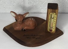 Vintage Smoke Hole Caverns WV Souvenir Thermometer Cute Baby Deer Fawn Wood picture