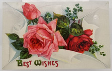 BEST WISHES Pink Red Roses Flowers Germany c1912 Antique Postcard picture