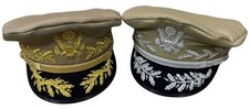Pair of Khaki Military Style Officer Visor Caps Gold & Silver Embroidered Hats picture