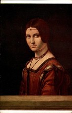 Vtg Linen Postcard Leonardo da Vinci Portrait Lucrezia Crivelli Louvre Paris picture