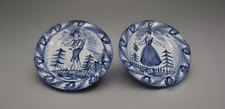 Vintage Blue White Folk Art Pottery Wall Plates 9.5” Man Woman Signed Pair picture