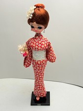 Japanese Big Eye Pose Doll Vintage 1960s Kimono w/ Flower Bouquet 17.25” picture