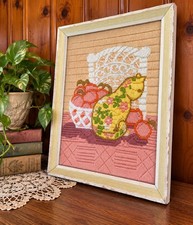 Vintage 1970s Cat Needlepoint Yarn Art Framed Pink Retro Fiber Wall Decor picture
